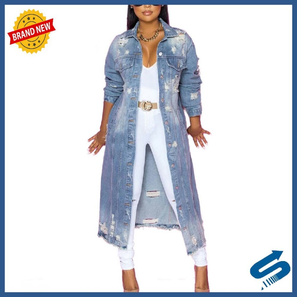 Distressed Denim Jacket Coat Ripped Holes Ankle Length Women's
